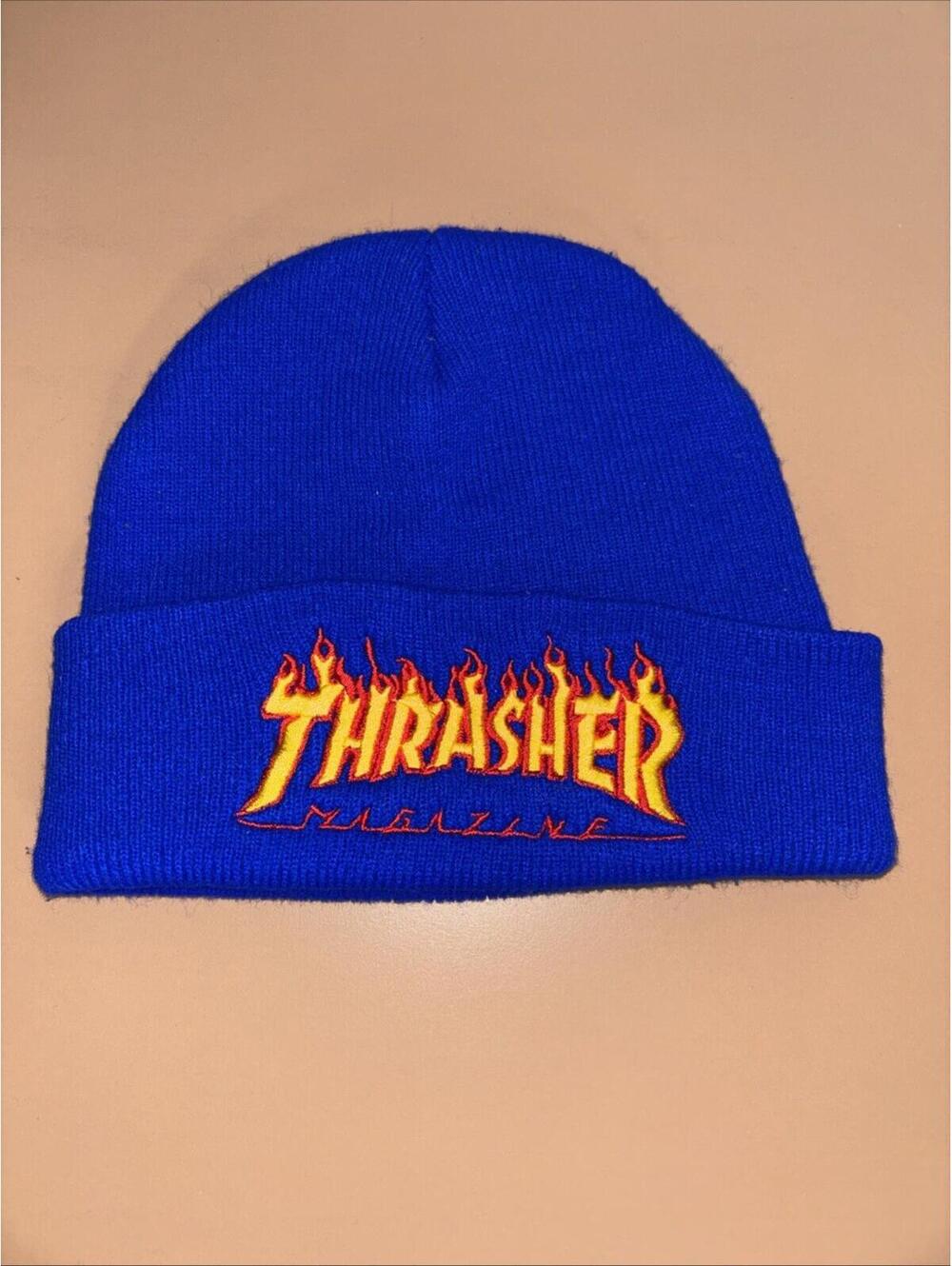 Thrasher Magazine EMBROIDERED LOGO Skateboard Beanie - Rare Blue Color (A1)
